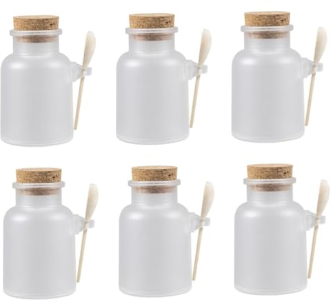 Gatuida Coffret 6 Bouteilles Rechargeables pour Poudre de Masque et Sels de Bain, Hermétiques, en Plastique et Bois, Bouchon Liège et Cuillère, Soin Personnel