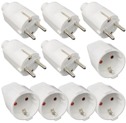 5 Paar Schuko Stecker Kupplung, 250V 16A IP54 Schutzkontakt Stecker, Gummi Schukokupplung Set, 2-polig Aussen Wasserdicht Schukostecker und Gummikupplung ohne Kabel, Weiß