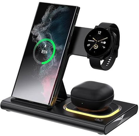 3-i-1 trådlös laddare för Samsung laddningsstation Android-smartphone flera enheter LED-ljus vikbar dockladdare stativ för Samsung Galaxy S25 S24 S23 S22 Note 20 Watch 8/7/6 hörlurar (svart)