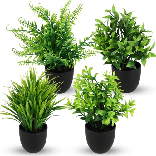 Kievano Juego de 4 Plantas Artificiales Decorativas con Maceta – Planta Artificial Pequeña, Plantas Falsas Realistas de Plástico para Hogar, Baño y Oficina