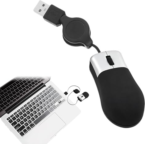 Mini Mouse for Laptop, Retractable Cable Wired USB Small Mouse, Black | Portable Travel Optical Mouse for Apple Mac HP Dell Lenovo Thinkpad Sony PC Laptop, Travel Minis (Up to 75cm)