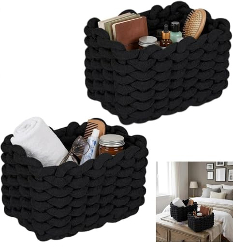 Cotton Rope Woven Storage Baskets,Fabric Basket Organisers,Bedroom storage basket,Collapsible Small Organizer Bins-Cute room decor for Bathroom, Closet(2PACK Black)