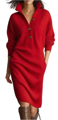 MJGkhiy Robe Femme Tricot Élégant Hiver Midi Robe Pull Laine Travaillé Bouton Col en V Robes Pulls avec Poches Curvy Casual Manches Longues Vêtements Pull, rouge, L