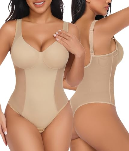 Niwicee Body Contenitivo Modellante Donna Shapewear Bodysuit Pancia Piatta Guaina Contenitiva Perizoma Intimo Snellente Shaper Shaping Sexy Mesh Fajas Spallino Regolabile (Nudo, L)