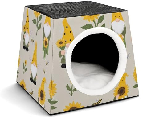 100% BLUE COLLAR Soft Warm Cats House Tent Bed Indoor Cat Cave Beds Gnomes Bees and Sunflowers (1) Hideaway Covered Pet Sleeping Bag