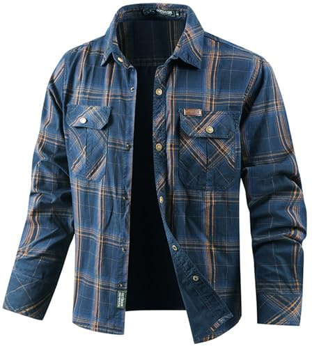 PADOLA Camicia a Quadri Uomo Button Down Manica Lunga con Tasca Camicie da Lavoro Casual Tops Regular Fit(L,Blu)