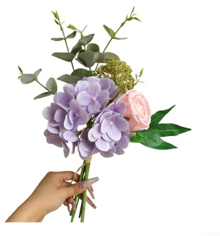 Bouquet d'hortensia et de roses artificielles en soie - 40 cm de haut - Pour décoration de mariage et d'intérieur - Texture douce réaliste - Aucun entretien nécessaire - Pour événements et décoration