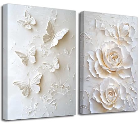 ZXHYWYM Set of 2 Flower Canvas Wall Art 3D Relief Floral Painting Abstract Butterfly & Rose Pictures Prints Botanical Poster White Textured Living Room Bedroom Decor (Beige, 20x30inx2 Pieces)