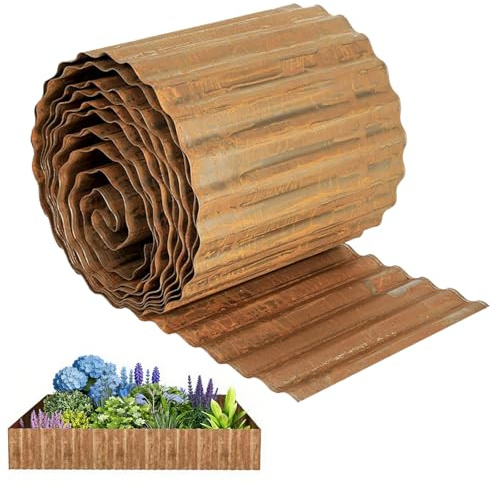 Cortenstahl Rasenkante Metall-Beeteinfassung for Garten - 20 x 600cm Gewellte Beetumrandung zur Landschaftsgestaltung, Blumenbeet und DIY-Rasen