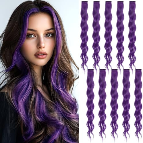 10 Pièces Extensions Cheveux Violettes, 55 cm Extension Cheveux Bouclés à Clips en Synthétique pour Femmes Filles, Cosplay Party Soirée