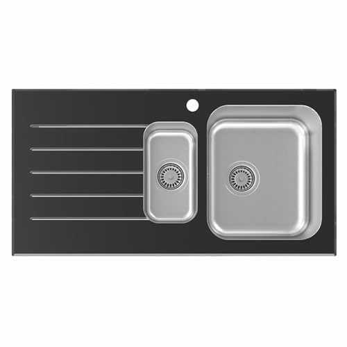 SÄUBER® 1000 x 500mm Stainless Steel Kitchen Sink Black Glass Surround 1.5 Bowl Inset Drop in Installation, Left Hand Drainer, 18/8 Grade Steel Sinks, Free Basket Strainer Waste