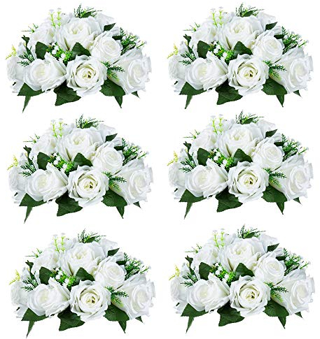 NUPTIO Pcs of 6 Fake Flower Ball Arrangement Bouquet,15 Heads Plastic Roses with Base, Suitable for Our Store's Wedding Centerpiece Flower Rack for Parties Valentine's Day Home Décor (Pure White)