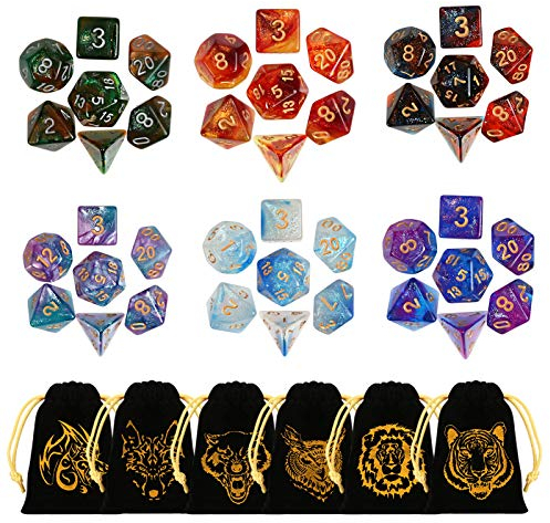 GWHOLE 42 Stück Polyedrische Würfel Set Glitzernd mit Taschen Doppel-Farben Polyedrischer Spielwürfel für Dungeons and Dragons DND RPG MTG W20 W12 W10 W8 W6 W4 Tischkartenspiele