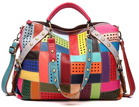 Segater® Damen Multicolor Einkaufstasche Rind Leder-Handtaschen Bunte Patchwork 2019 NEU TOP Bewertet Große Umhängetasche Hobo Taschen