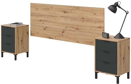 Habitdesign Cabezal + 2 Mesitas y 6 Cajones, 240x74x33 (AnchoxAltoxFondo-en cm), Cabecero Matrimonio y Mesillas Color Roble Nodi y Gris Antracita, Modelo Enzo
