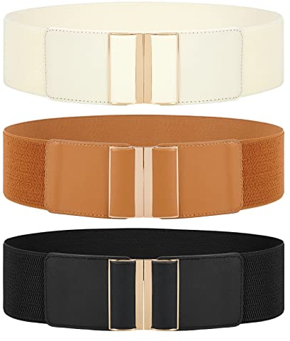 WERFORU 3 Stück Damen elastischer Gürtel für Kleider Vintage dehnbarer breiter Taillengürtel Schwarz/Braun/Beige