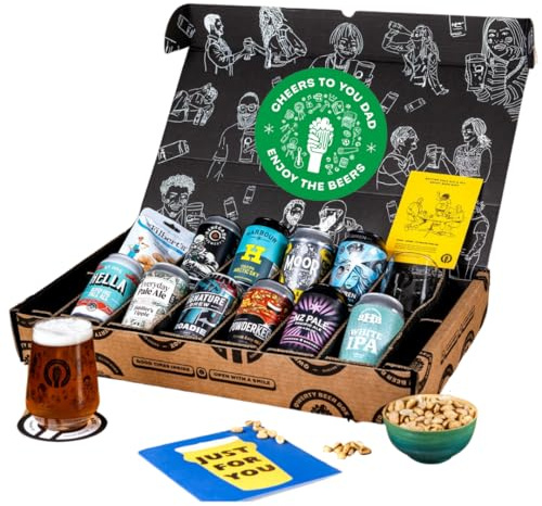 Premium IPA/Pale Ale Cheers Dad Beer Gift Hamper - 10 Independent Craft Beers, Snack & Tasting Guide by QWERTY Beer Box - Beer Gift Set