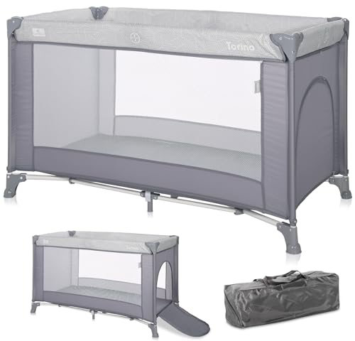 Lorelli Baby Reisebett, 2 in 1 Babybett und Laufstall Torino mit Seiteneingang, Kinderbett ab Geburt bis 15 kg, faltbar inkl. Transporttasche, Silber