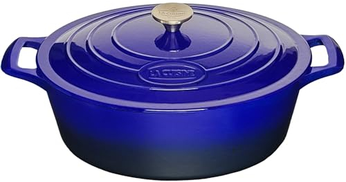 La Cuisine Ovale Gusseisen Bräter Topf Bratentopf Schmortopf Cocotte Kassserollen mit Deckel Induktion emaille Blau 33cm 6.5 L. Backofengeeignet