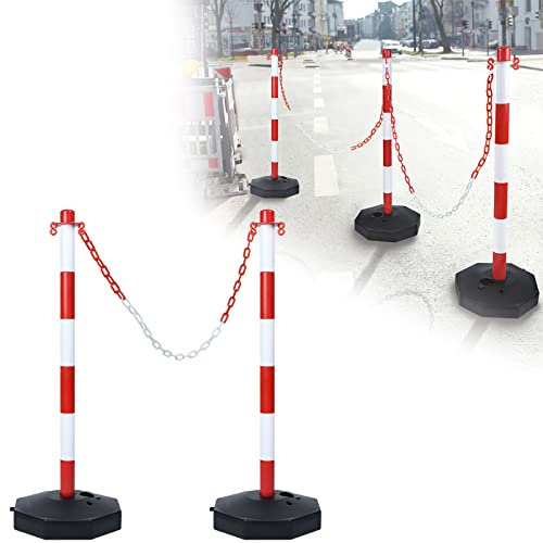 NAIZY Absperrpfosten 2 pcs Kunststoff Poller mit 140cm Absperrkette & PE Basis Pfosten PP Absperrung 82cm Leitpfosten Flexibel Leitkegel inkl. Warnhinweise, Rot+Weiß