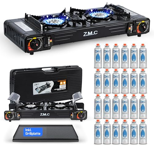 Z.M.C PREMIUM Camping gasspis 2 lampor grillplatta 45 x 24 cm + 24 gaspatroner 227 g, campingspis med tändskydd för utomhus och inomhus, dubbelgasspis med piezo-tändning