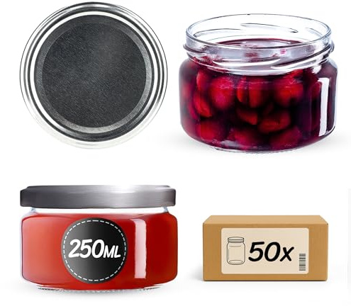 KADAX 50 tarros de 250 ml, tarros de mermelada con tapa Twist-Off fi82, vasos de postre, herméticos y aptos para lavavajillas, vidrio de pared gruesa, selección de tapones de rosca (plata)