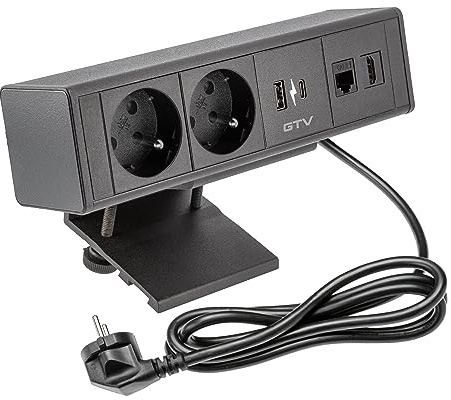 GTV - Möbelsteckdose BAR, Mehrfachsteckdosen, 2x French Steckdose, 1x USB A, 1x USB C, 1x RJ45 1x HDMI, Kabellänge 1,5m, Farbe Schwarz, für Schreibtische, Tischplatte, Küchen und Büro
