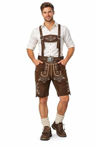TR Martha Lederhose Herren Tracht - Trachtenhose Herren Ziegenleder (100% Ziegenleder) - Kurze Lederhose antik mit Trager und gurtel Gr. 46-60 (52, Dunkelbraun)