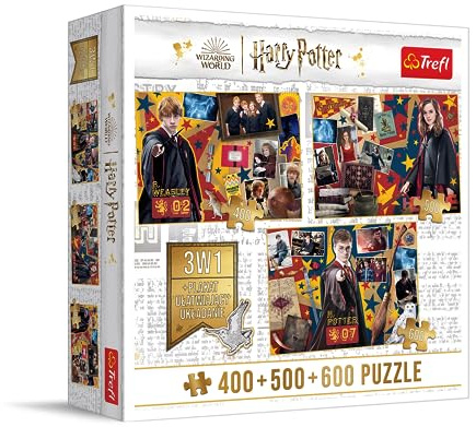 Trefl – Puzzle 4in1: Set mit 3X Puzzle 400+500+600: Ron, Hermine, Harry + Poster - Puzzles mit Harry Potter Filmfiguren, 400 500 und 600 Teile, A4 Poster, für Erwachsene und Kinder ab 10 Jahren