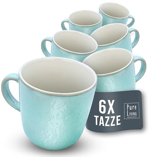 Steingut Kaffeetassen 6 Personen Ibiza TESTSIEGER, Traumhaftes Mediterranes Steingut Tassen Set, Stylisches Tee- und Kaffeebecher Set, Pure Living in Türkis