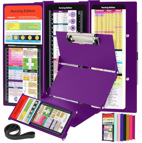 Nursing Clipboard with Nursing and Medical Edition Cheat Sheets 3 Layers Aluminum Foldable Nurse Clip Board Nursing Student Essentials - Foldable Clipboard Nursing Nursing School Essentials (Purple)