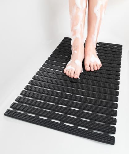 HITSLAM Bath Mat Non Slip Anti Mould, 68x38CM Shower Mats for Inside Shower, Quick Drain TPE Bathtub Mat with Suction Cups, Bathroom Accessories, Durable & Comfortable, Black