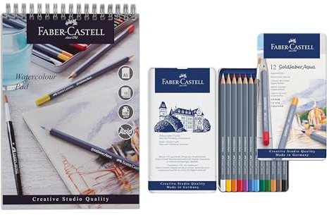 Faber-Castell Goldfaber Aqua, Watercolour Pencils, Tin of 12 & Watercolour Pad, A5, Spiral Bound Paper, 190gsm, 15 Sheets, Art, Drawing, Sketching