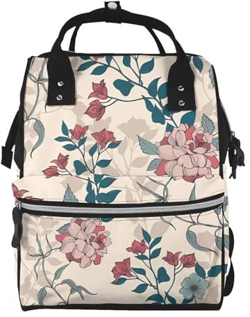 OrcoW Rosa Blumen Blätter Drucken Wickeltasche Mama Rucksack Große Kapazität Multifunktions Wasserdichte Windeltasche Für Mama Und Papa, Schwarz , One size