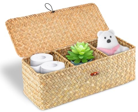TaoTazon Korb mit Deckel Seegras,Natürliches Aufbewahrungskorb mit Deckel, Handgewebt Korb Aufbewahrung, Flechtkorb mit Deckel