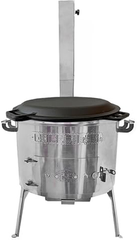 Grillpeter Utschak Set Timur Edelstahl mit Schornstein Kazan 15 Liter Gusseisen Deckel-Pfanne