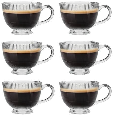 Dibor Glass Coffee Mugs Set Bevelled Glass Coffee Cup Set with Handle (6) | Hand Wash, Hot Chocolate, Tea, Coffee, Mid-Century, Modern, Contemporary, Glassware