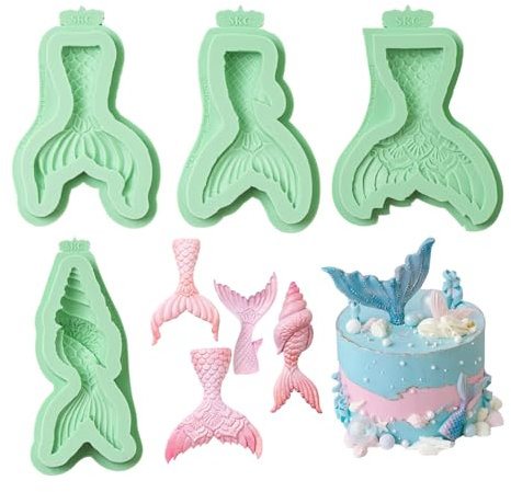 KALAIEN Meerjungfrauenschwanz-Form, Meerjungfrauen-Silikonformen, Schokoladenform für Kuchendekoration, Gebäck, Ton, Süßigkeiten, 4 Stück