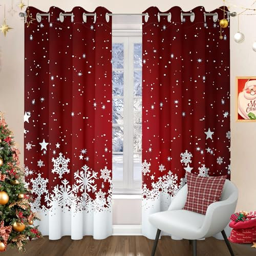 WONGS BEDDING Weihnachten Gardinen Blickdichte Vorhänge Schneeflocken Weihnachtsgardinen Vorhang Thermovorhang mit Ösen für Schlafzimmer Wohnzimmer Verdunklungsvorhang, 140x175 cm (BxH), 2er Set