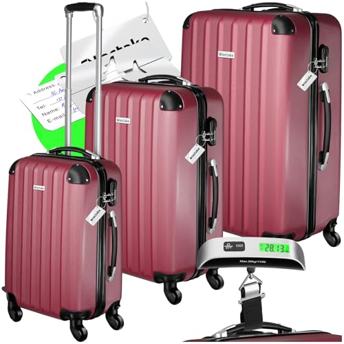 tectake® 3er Kofferset mit Kofferwaage & Kofferanhänger, Reisekoffer Set, ABS Hartschalenkoffer Set, Trolley Kofferset, Reisetasche mit Rollen, Gepäck, Koffer Set M-L-XL, Teleskopgriff - weinrot