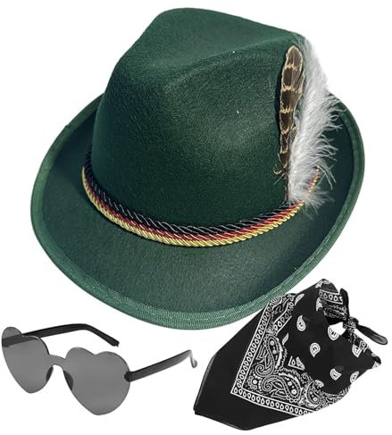 Oktoberfest Hut Herren Damen, Cowboyhut mit Bandana und Herz Brille, Oktoberfest Männer Outfit Set Oktoberfest Accessoires, Bayerischer Hut mit Kopftuch und Brille, Oktoberfest Trachtenhut