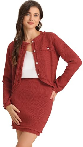 Allegra K 2-teilige Outfits Strickset für Damen, Geschäftlich-Klassisch, Gemustert, Langarm, Kurze Jacke, Rockset, rot, XL