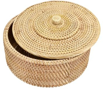 SUMTree panier de rangement en rotin panier avec couvercle boîte décorative organisateur pour étagère, maison, cuisine (rond, 30x12cm)