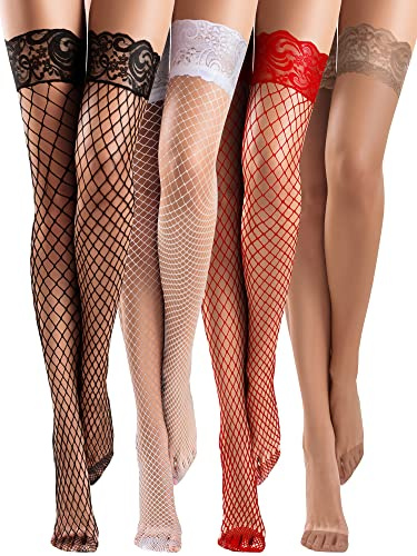 Bencailor 4 Pares Medias de Red Muslo de Encaje Silicona sobre Rodilla Transparentes Sedosas