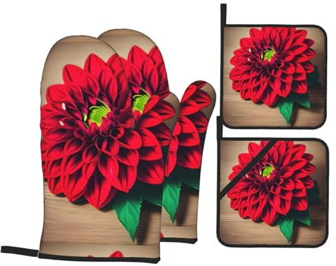 Holzbrett Retro Blume Rot Dahlie Druck Ofenhandschuhe Küche Backen Vierteiliges Set Hitzebeständige und Wärmeisolierende Handschuhe
