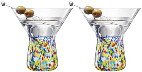 Large Stemless Martini Glasses – Set of 2-8oz Luxury Hand Blown Confetti Margarita, Martinis, Cocktails, Water, Wine, Dessert & Champagne Glasses Cinco de Mayo, Hand Blown - Mexican Confetti Glass