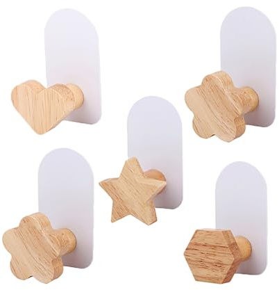 HAYOMAX 5Pcs Self-Adhesive Kids Coat Hooks, Wooden Sticky Clothes Hook, Wall Mounted Children's Coat Hooks for Towel, Clothes,Backpacks and Hats