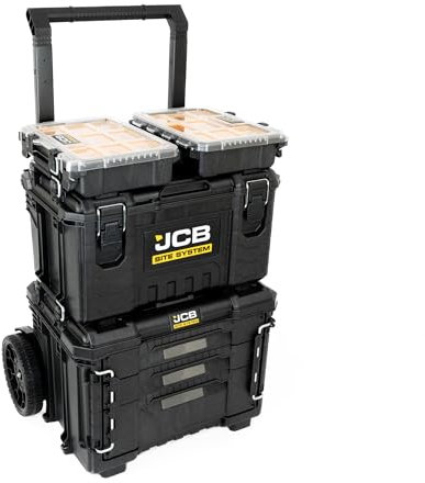 JCB Site System 5-Piece Modular Tool Box, Rolling Tool Storage, Toolbox, Organiser, Heavy-duty Tool Box 9’’ Wheel Trolley for Workshop, Builders, Decorators and Tradespeople