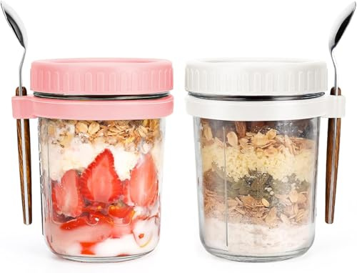 Gilen Overnight Oats Jars with Lids and Spoon, Overnight Oats Container, 10 Oz Glass Porridge Container to Go for Chia, Pudding, Milk, Cereal, Fruit, Yogurt, Salad, Cereal Meal Prep Jars (Pink+white)