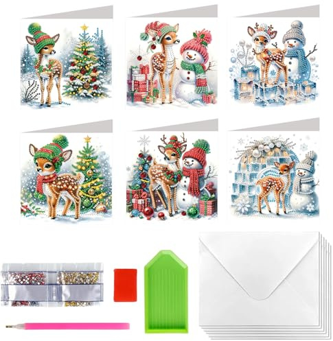 KUBFDL Diamond Painting Weihnachts Karten 6 Stück Diamond Painting Weihnachtskarte mit Blanko Umschlag,5D DIY Diamant Malerei Grußkarten,Christmas Cards,Weihnachtsgeschenke für Freunde und Familie